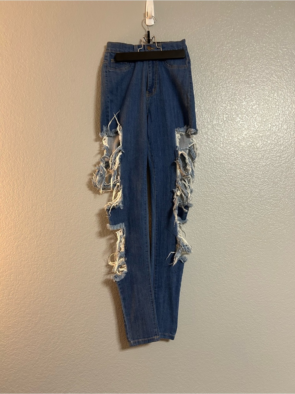 Women’s dark blue high waisted stretch distressed ripped skinny pants jeans 3